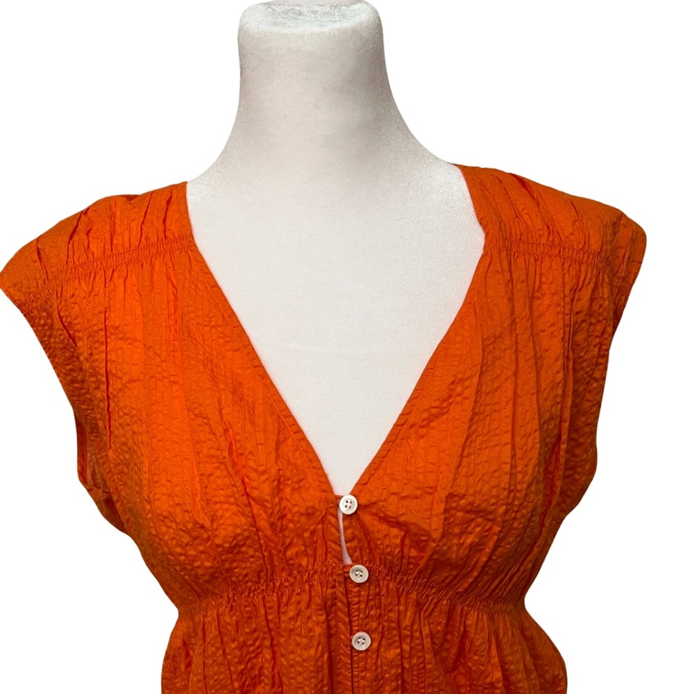 Frame EUC Ruched V Neck Sleeveless Top Blouse Orange Button Front Peplum M - Picture 12 of 12